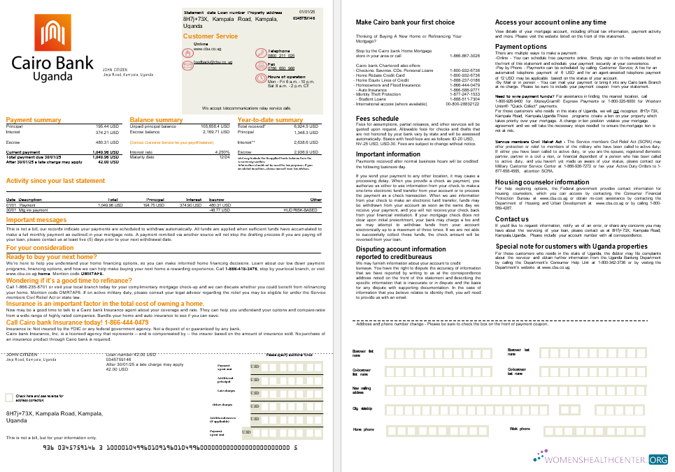 Download Uganda Cairo bank mortgage statement in Word and PDF formats, 2 pages Photoshop template